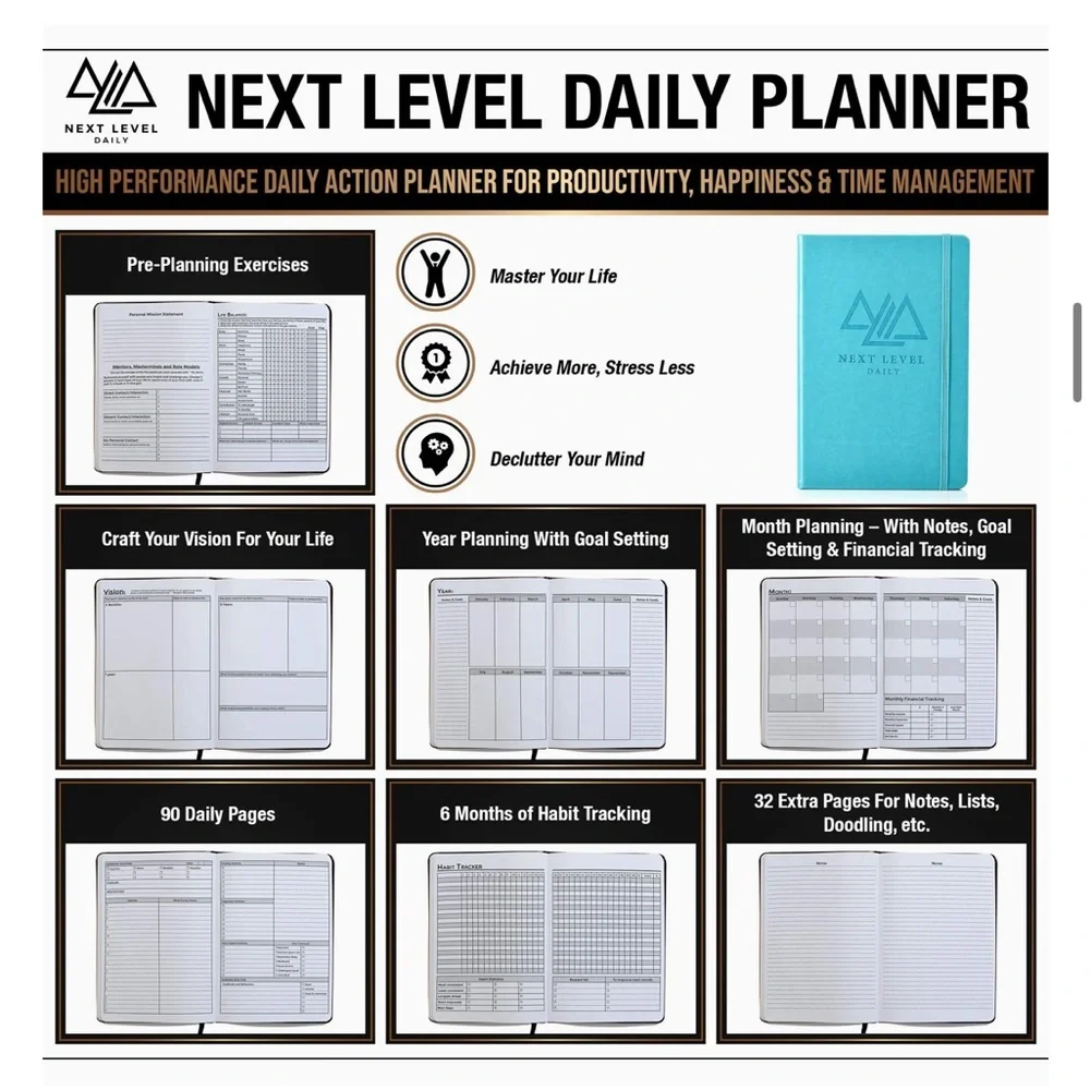 Next Level Undated Daily Planner, Faux Leather, Hardcover, Teal, 8.5 x 6”